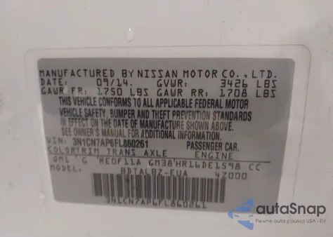 2015 Nissan Versa 1.6 Sv from USA, damaged, VIN 3N1CN7AP6FL860261